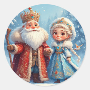 Weihnachtsmann und Schneemädchen feiern Weihnachte Runder Aufkleber
