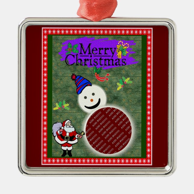 Weihnachtsmann und Schneemann bringen Weihnachten  Silbernes Ornament (Vorne)