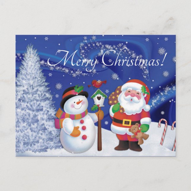 Weihnachtsmann und Schneemann Feiertagspostkarte (Vorderseite)