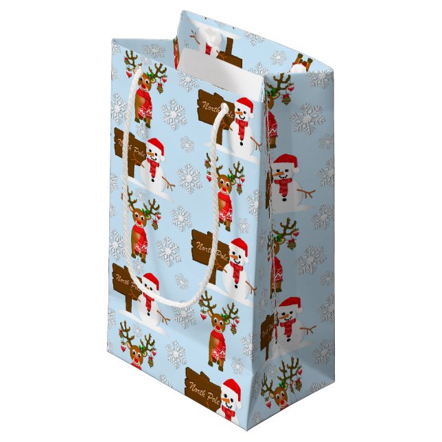 Weihnachtsmann und Schneemänner Kleine Geschenktüte (Vorderseite Schrägansicht)