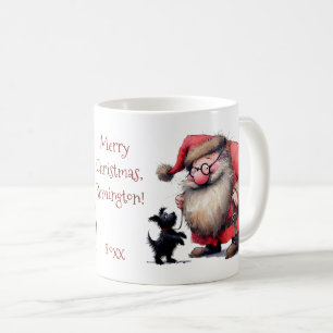 Weihnachtsmann und schwarzer Welpe mit Namen, rote Kaffeetasse