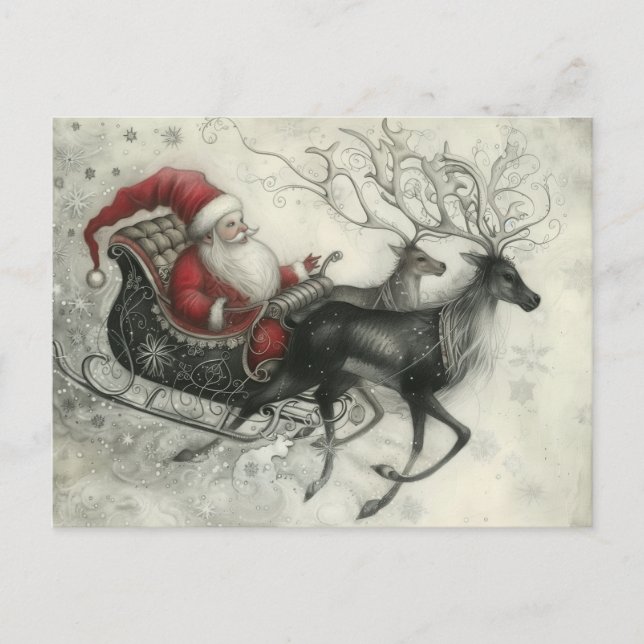 Weihnachtsmann und sein Rentier Feiertagspostkarte (Vorderseite)