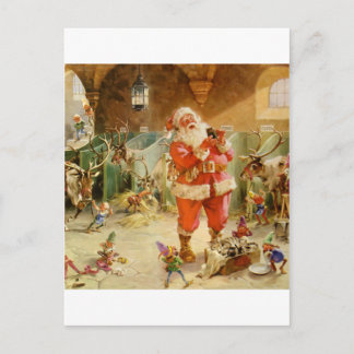 Weihnachtsmann und seine Elfe im Ren-Stall Feiertagspostkarte
