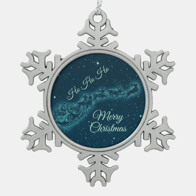 Weihnachtsmann und seine Rentiere Weihnachtsabend  Schneeflocken Zinn-Ornament (Vorderseite)
