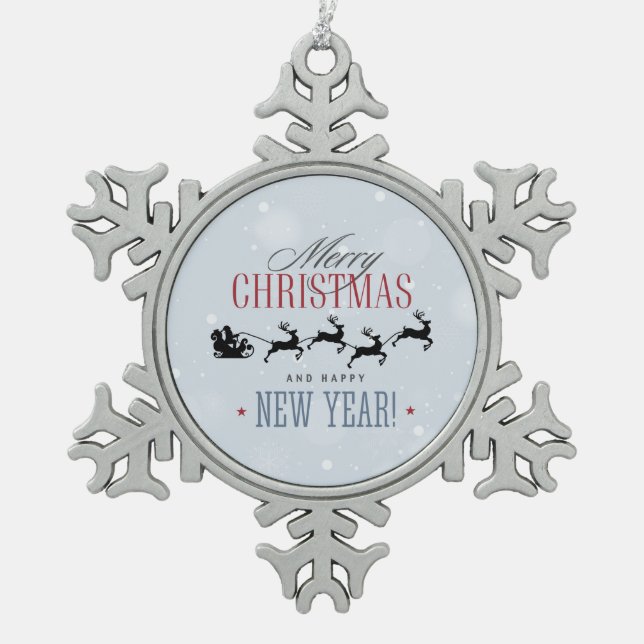 Weihnachtsmann und seine Silhouette "Flying Rentie Schneeflocken Zinn-Ornament (Vorderseite)