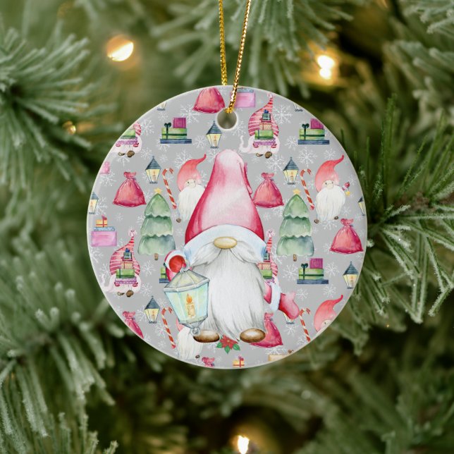 Weihnachtsmann und Silber Muster Name & Datum Keramik Ornament (Baum)