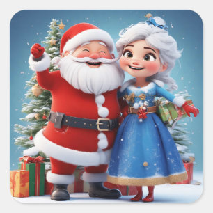 Weihnachtsmann und Snow Maiden feiern Weihnachten Quadratischer Aufkleber