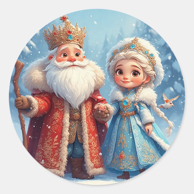 Weihnachtsmann und Snow Maiden feiern Weihnachten Runder Aufkleber (Vorderseite)