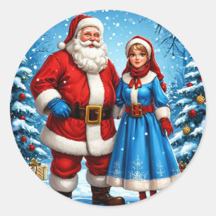 Weihnachtsmann und Snow Maiden Runder Aufkleber