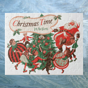Weihnachtsmann und tanzende Kinder im Vintage-Stil