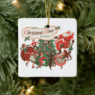 Weihnachtsmann und tanzende Kinder im Vintage-Stil Keramikornament