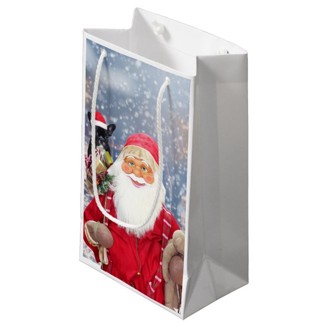 Weihnachtsmann und Weihnachtsgeschenke Französisch Kleine Geschenktüte (Vorderseite Schrägansicht)