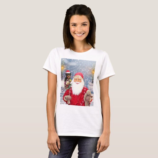 Weihnachtsmann und Weihnachtsgeschenke Rottweiler  T-Shirt (Vorne ganz)