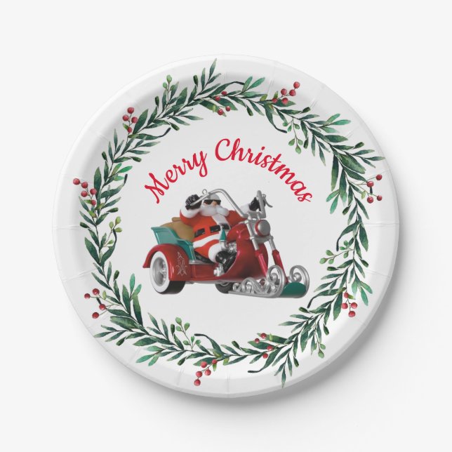 Weihnachtsmann- und Weihnachtsmann-Motorrad-Party Pappteller (Vorderseite)