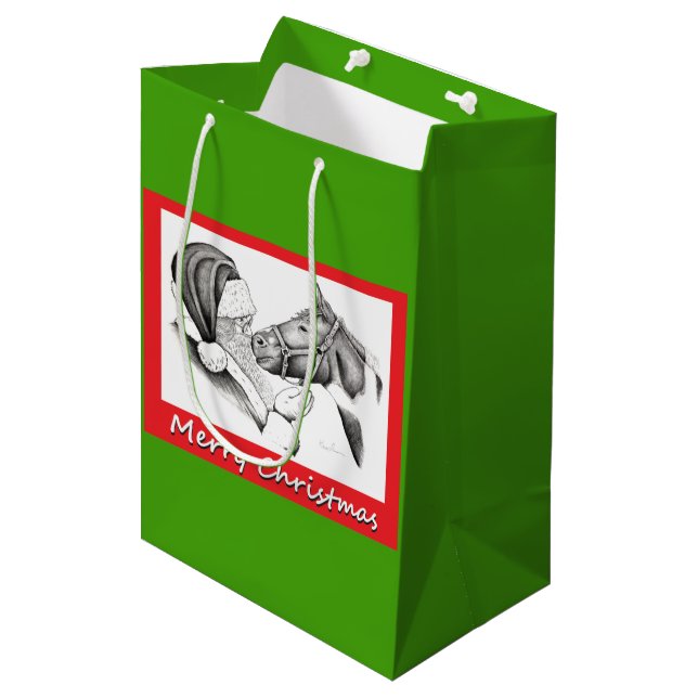 Weihnachtsmann und Weihnachtspferd Mittlere Geschenktüte (Vorderseite Schrägansicht)