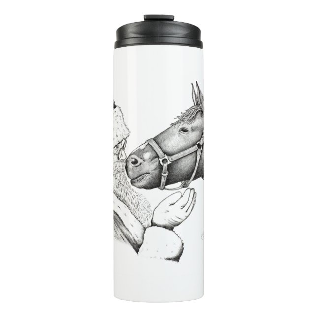 Weihnachtsmann und Weihnachtspferd Thermosbecher (Vorderseite)