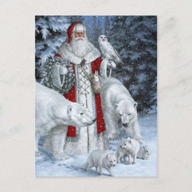 Weihnachtsmann und weiße Tiere Postkarte (Vorderseite)