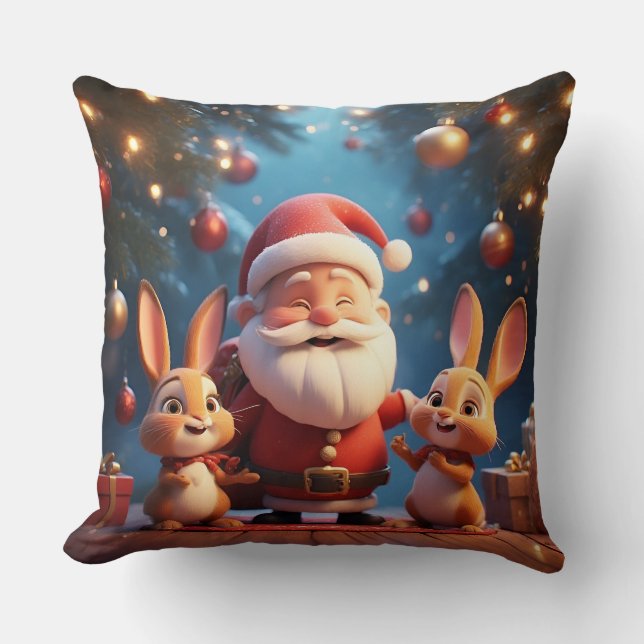 Weihnachtsmann und zwei fröhliche Kaninchen Kissen (Vorderseite)