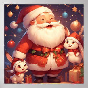 Weihnachtsmann und zwei fröhliche Kaninchen Poster