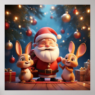 Weihnachtsmann und zwei fröhliche Kaninchen Poster