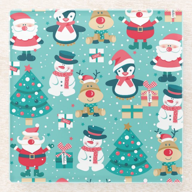Weihnachtsmann - Vintages Muster Glasuntersetzer (Vorderseite)