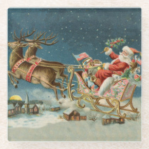 Weihnachtsmann Weihnachten Antik Schlitten Rentier Glasuntersetzer