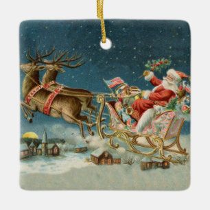 Weihnachtsmann Weihnachten Antik Schlitten Rentier Keramikornament