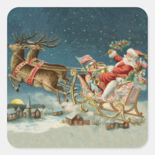 Weihnachtsmann Weihnachten Antik Schlitten Rentier Quadratischer Aufkleber