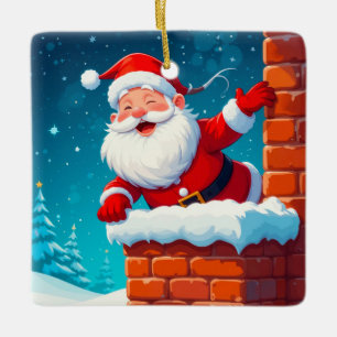 Weihnachtsmann winkt fröhlich im Kamin Keramikornament