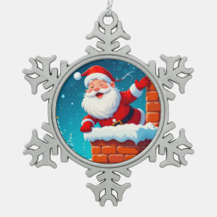 Weihnachtsmann winkt fröhlich im Kamin Schneeflocken Zinn-Ornament
