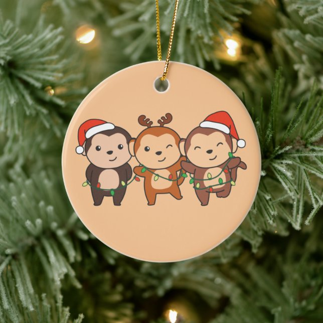 Weihnachtsmänner am Affen Niedliche Affen Ce Keramik Ornament (Baum)