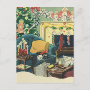 Weihnachtsmänner im Wohnzimmer Feiertagspostkarte