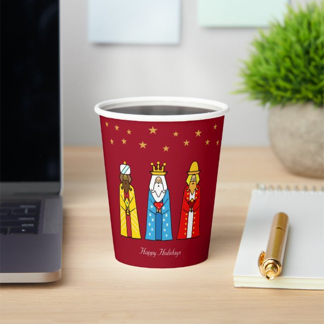 Weihnachtsmänner und Goldene Sterne auf Rot Pappbecher (InSitu)