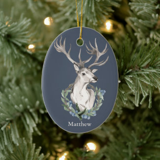 Weihnachtsmannhirsch mit Winterkranz Keramik Ornament
