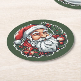 Weihnachtsmannkopf mit Kranz - Runder Pappuntersetzer