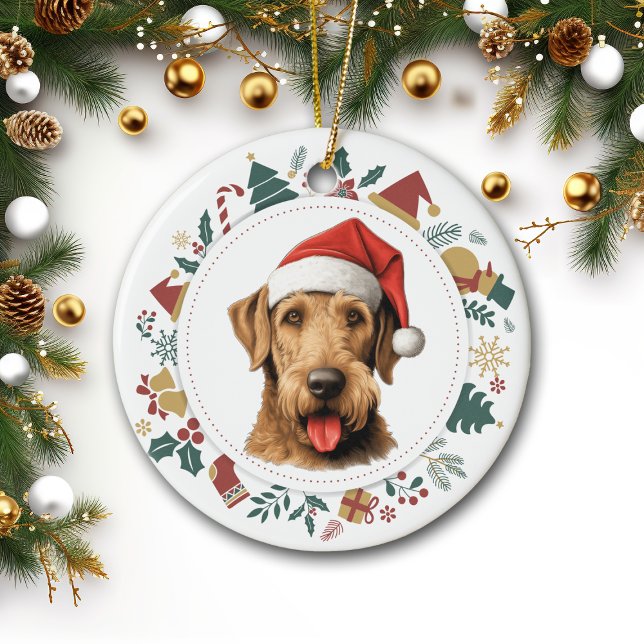 Weihnachtsmannmütze Airedale Terrier Weihnachtsfot Keramik Ornament (Von Creator hochgeladen)