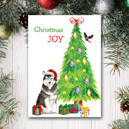 Weihnachtsmannmütze Alaskan Malamute Dog und Ferie Feiertagskarte
