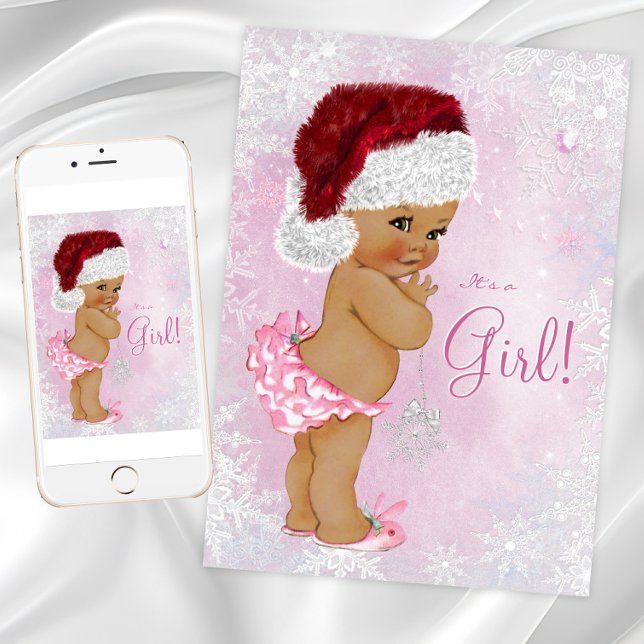 Weihnachtsmannmütze Baby Girl Winter Wonderland Ba Einladung (Girl Christmas baby shower invitation with cute baby girl wearing Santa hat with snowflake back.)