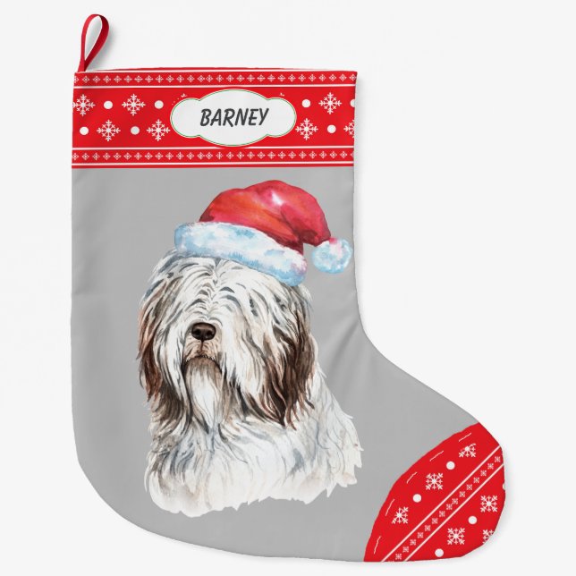 Weihnachtsmannmütze Bartded Collie Snowflake Borde Großer Weihnachtsstrumpf (Vorderseite)