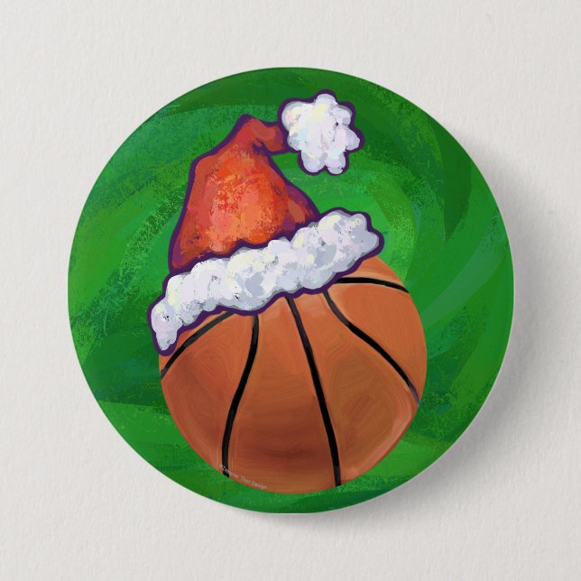 Weihnachtsmannmütze Basketball auf Grün Button (Vorderseite)