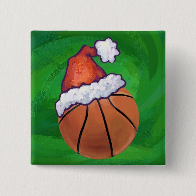 Weihnachtsmannmütze Basketball auf Grün Button (Vorderseite)