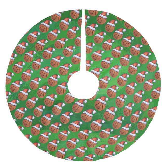 Weihnachtsmannmütze-Basketball auf Grün Polyester Weihnachtsbaumdecke (Vorderseite)