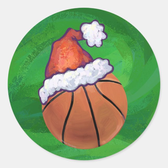 Weihnachtsmannmütze Basketball auf Grün Runder Aufkleber (Vorderseite)