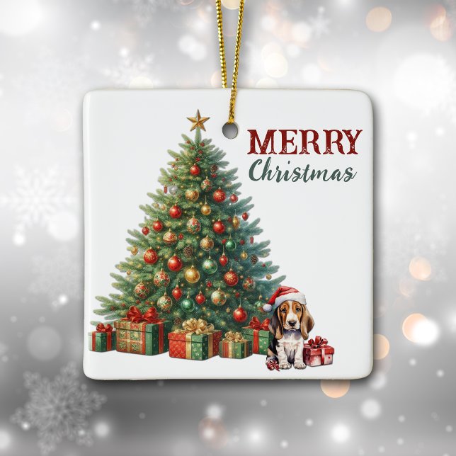 Weihnachtsmannmütze Basset Hound Welpe Weihnachtsb Keramikornament (Von Creator hochgeladen)