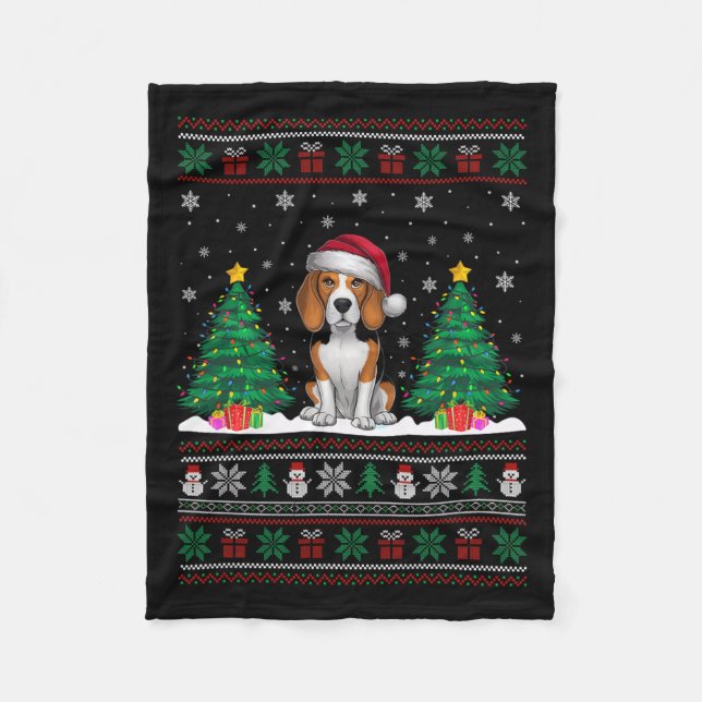 Weihnachtsmannmütze Beagle Hund Weihnachtsbaumleuc Fleecedecke (Vorderseite)