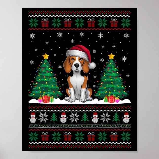Weihnachtsmannmütze Beagle Hund Weihnachtsbaumleuc Poster (Vorne)