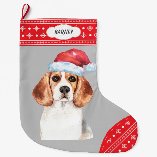 Weihnachtsmannmütze Beagle Snowflake Border Großer Weihnachtsstrumpf (Vorderseite)