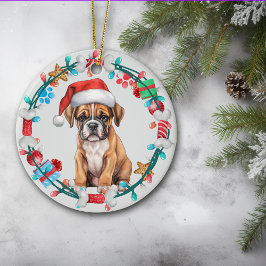 Weihnachtsmannmütze Boxer Welpe Kranz Keramik Ornament