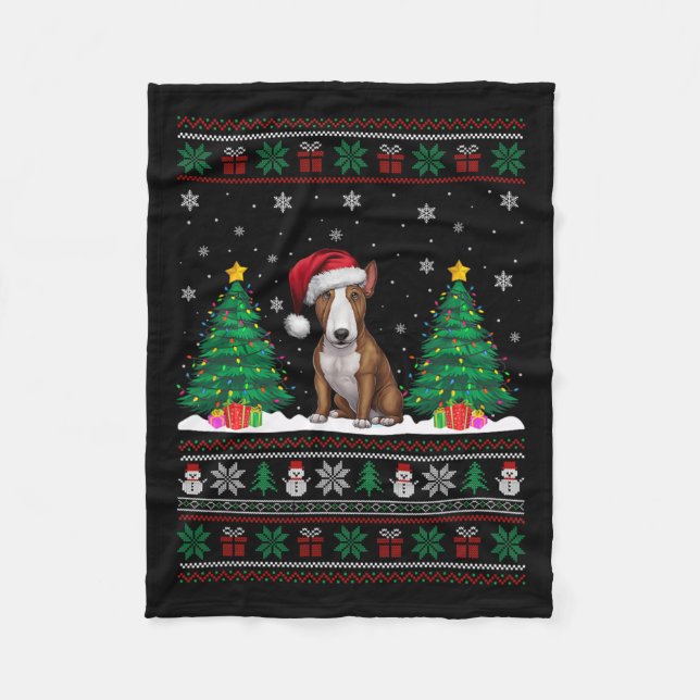Weihnachtsmannmütze Bull Terrier Dog Xmas Tree Lig Fleecedecke (Vorderseite)
