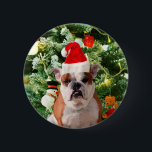 Weihnachtsmannmütze Bulldog Christmas Tree Snowman Button<br><div class="desc">Niedliches Bulldog Foto mit der Weihnachtsbaum Snowman Geschenkboxen im Hintergrund. Ein perfektes Geschenk für Weihnachten!</div>